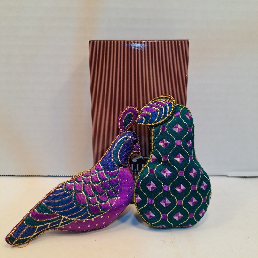 Vintage Avon Brocade-Embroidered Fabric Decorative Figure Ornaments Bird & Pear